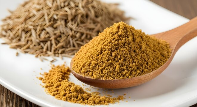 Ground cumin powder on wooden spoon and whole seeds, essential cooking spice ingredient. isolated PNG with Transparent Background