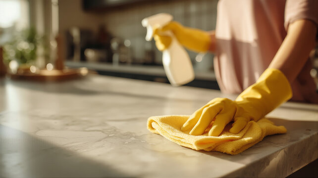 Person in yellow gloves spraying and wiping down a kitchen counter for hygiene