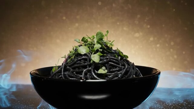 Black pasta with green herbs in a black bowl set against an elegant background