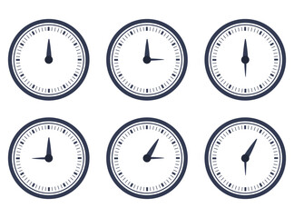 Vector illustration of six clock faces showing different time