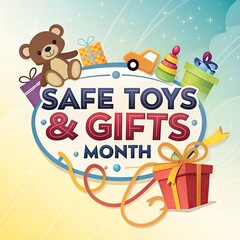 Safe Toys and Gifts Month Awareness Poster Design, Child Safety Holiday Toy Awareness Concept, Toy Safety Education Vector Illustration, Christmas Gift Safety Awareness Campaign, Kids Toy Safety Month