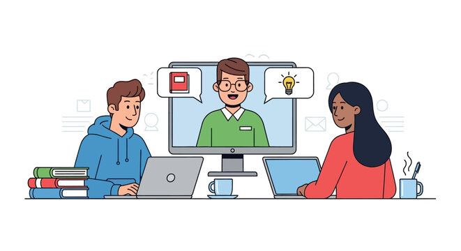 Online learning session with virtual instructor and engaged student participation setting creative