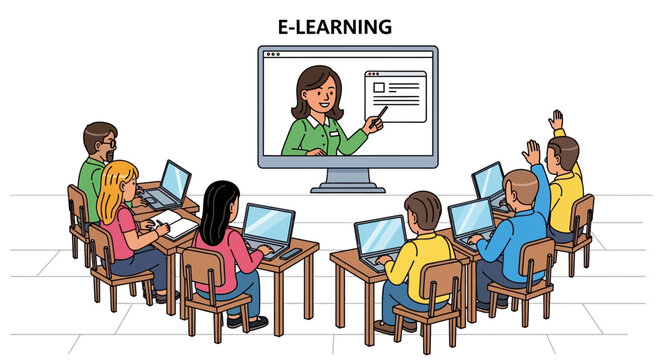 Engaging online learning classroom with diverse students participating in virtual lesson session
