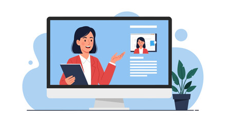 Online tutorial session with professional woman in red suit giving remote instruction