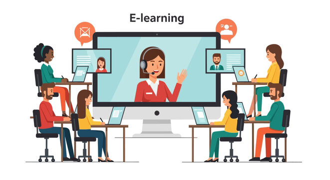 Diverse students engaging in interactive virtual education platform with instructor