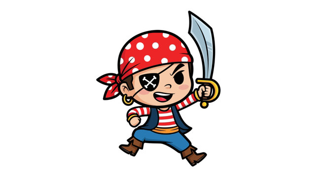 Cartoon pirate character with eye patch and sword embodying youthful seafaring adventure