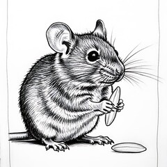 Hand-drawn monochrome illustration of a cute mouse holding a seed
