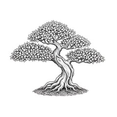 Detailed hand-drawn rooted tree illustration in line art