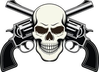 Skull with Crossed Revolvers Edgy Tattoo & Biker Graphic Art