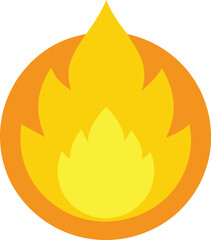 Stylized illustration of a bright orange and yellow flame inside a circle