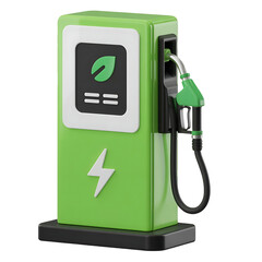 Realistic 3d rendering of a green electric vehicle charging station with leaf logo isolated on transparent background