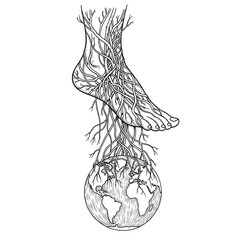 Human Foot with Roots Embracing Planet Earth Illustration