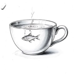 Hand-drawn illustration of surreal fish swimming in a teacup
