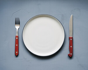 Elegant empty plate with modern utensils on a gray textured backdrop ready for delicious food photography and culinary content