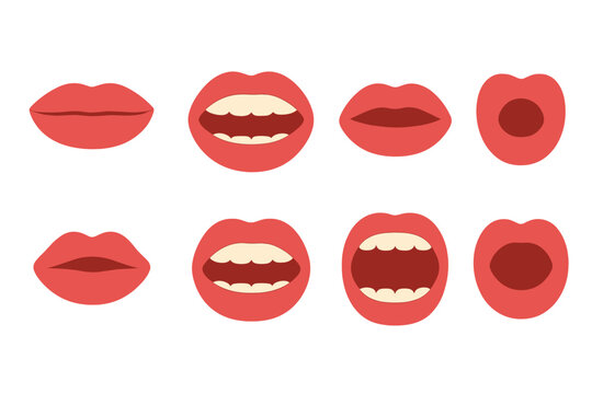 Eight different mouth shapes and lip positions for sound and speech articulation