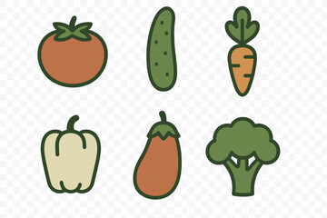 Outline symbols of fresh organic vegetables including tomato, cucumber, carrot, broccoli, and eggplant
