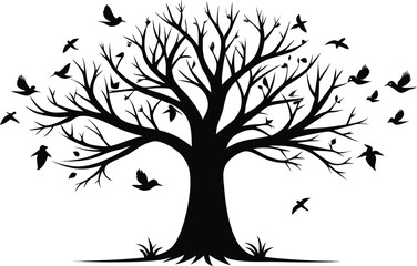 Obraz premium Silhouette of a bare tree with many birds flying around it