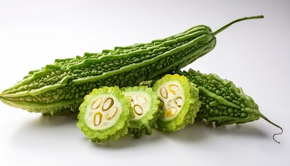 freshly harvested bittermelon with slices arranged on white background