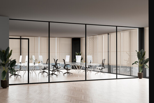 Modern office meeting room with glass walls mockup