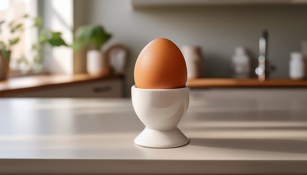 brown egg in a white ceramic egg cup ready for breakfast on a minimalist kitchen table - Powered by Adobe