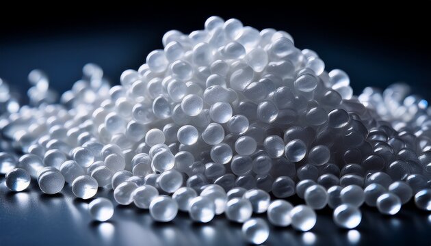 clear plastic pellets on a dark surface close up view