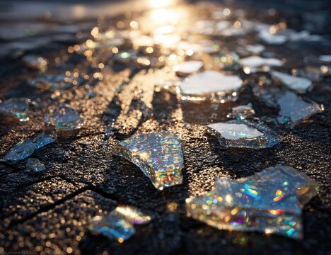 Shattered glass on a dark surface, bathed in sunlight