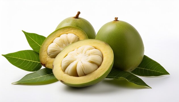 freshly sliced ambarella fruit on white background with whole fruit and leaves