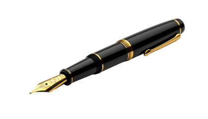 Elegant black and gold fountain pen on a dark background. Close-up showing the nib