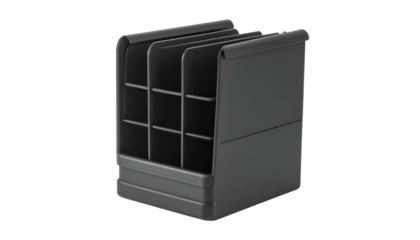 A dark gray, modular organizer with vertical slots and cubicle compartments