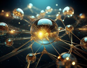 molecular structure with golden particles inside transparent spheres connected by thin rods