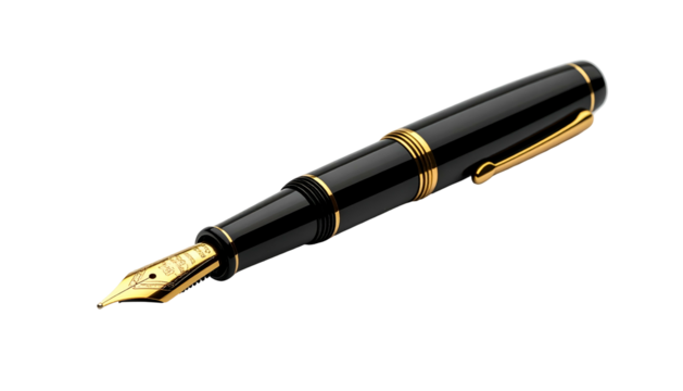 Elegant black and gold fountain pen on a dark background. Close-up showing the nib