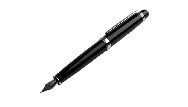 Sleek, glossy black fountain pen with silver accents, lying diagonally against a dark background