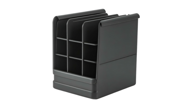 A dark gray, modular organizer with vertical slots and cubicle compartments