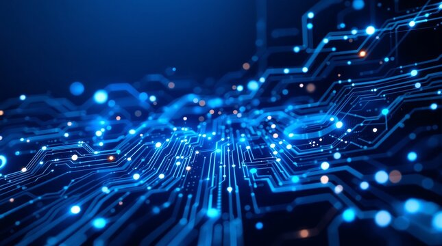 A detailed close up of a blue circuit board with glowing lights and intricate interconnected pathways