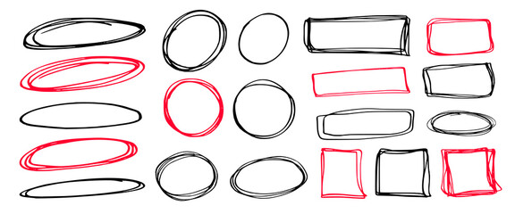 Set of graffiti girly style collage elements. Hand drawn charcoal doodle collection. Pencil drawn simple figure shapes of scribbles, circles, rectangles, ovals, frames on white backdrop.