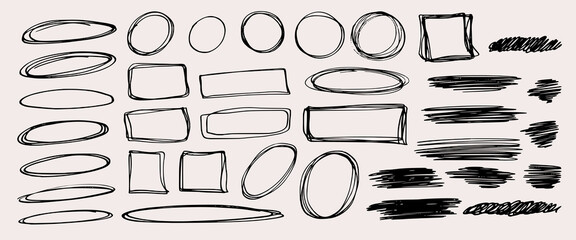 Set of grunge style collage elements. Hand drawn charcoal doodle collection. Pencil drawn shapes of scribbles, squiggles, circles, rectangles, ovals, frames on white backdrop.
