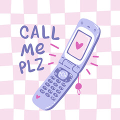 Colorful pastel sticker of old mobile phone in girly Y2k style.
Korean pop culture vector illustration, nostalgia for 2000s. Hand-drawn print for planners, scrapbooking, social media, merch design.