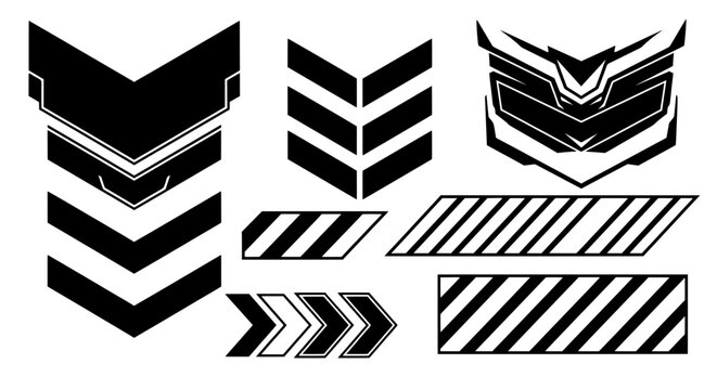 Set of futuristic mecha insignia, chevron arrows, and hazard stripes. Vector graphics for esports logos, racing decals, and sci-fi robot armor design.