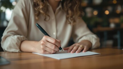 A woman with curly hair is writing on a white piece of paper with a black pen on a wooden table top