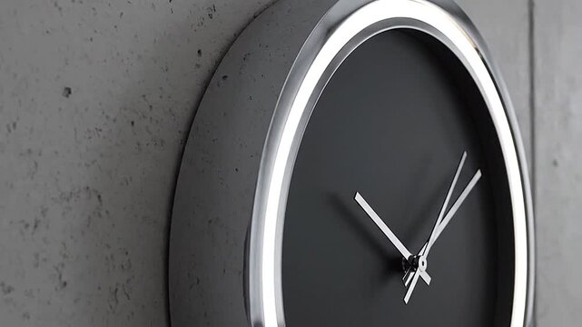 modern minimalist wall clock on concrete, chrome reflections
