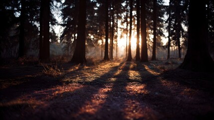 Naklejka premium Golden hour sunlight streams through a dense forest casting long dramatic shadows on the forest floor