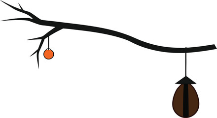 Silhouette of a bare tree branch with two hanging objects