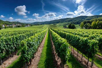 Vineyard landscape with village and hills in background