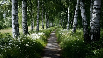 Fototapeta premium A serene path winds through a sun d d birch forest lined with blooming wildflowers evoking a sense of peaceful nature