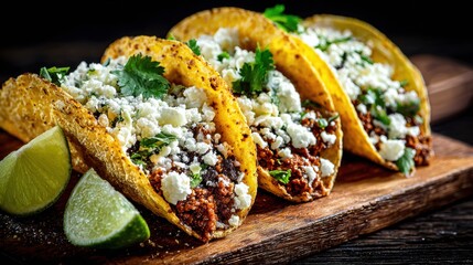 Delicious Street Tacos With Fresh Toppings Served on a Wooden Platter in a Cozy Setting