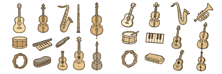 Naklejka premium Musical instruments collection featuring guitars, violins, wind instruments, and percussion isolated on white background