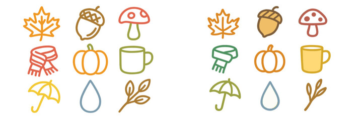 Autumn-themed illustrations featuring cozy elements like leaves, pumpkins, and scarves for seasonal decor