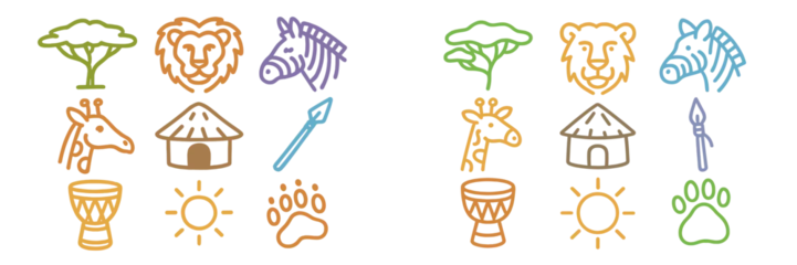 Fototapeten Afrikanische Motive Beautiful collection of wildlife and cultural symbols depicting animals, huts, and natural elements from African landscapes  © PAPA STOCK