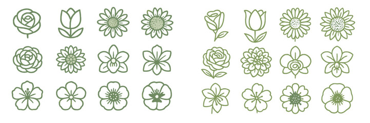 Collection of hand-drawn flower illustrations in various styles and shapes on a white background