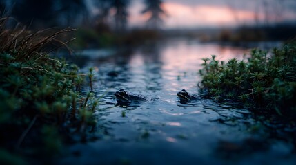Obraz premium Two frogs swim in a tranquil marsh pond at dusk